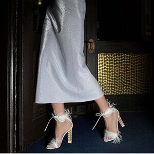 FSJ White Feather Gold Metal Chain Chunky High Heels Ankle Strap Open Toe Sandal